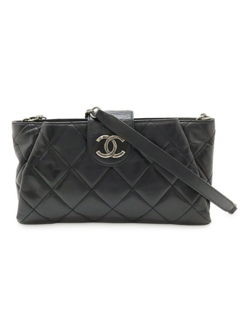 Chanel Coco Pleats CC Logo Shoulder Bag Chain Party Leather Black Silver
